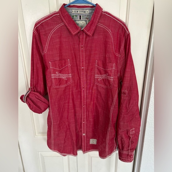 Drill Clothing Mens Red Roll Tab Sleeve Slim Fitting Button Up Shirt Size XL - Picture 1 of 9